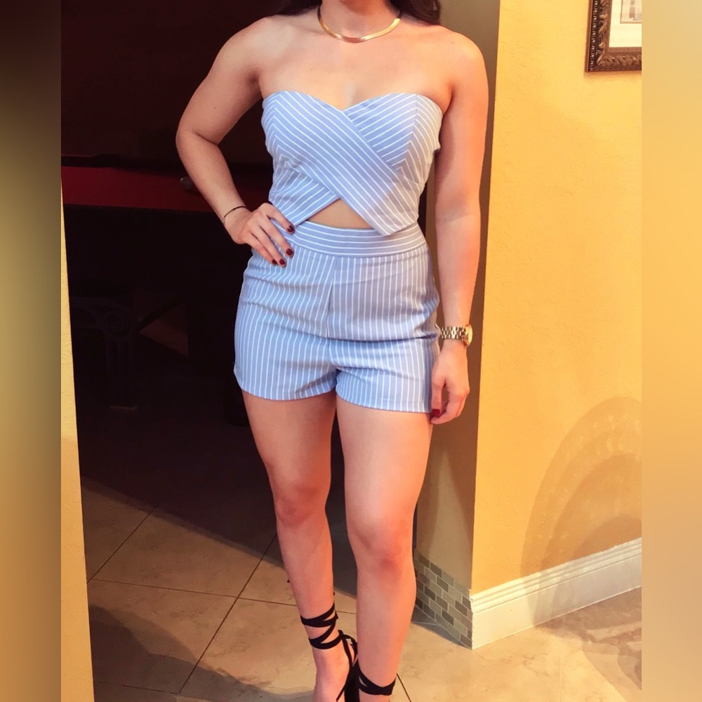 Baby Blue & White Striped Strapless Mini Romper With Cutout